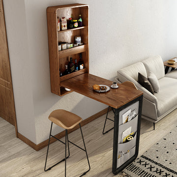 Foldable Bar Height Table with Convertible Cabinet & Open Storage in Walnut